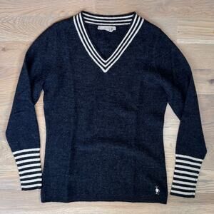 Smartwool Striped V Neck Sweater Merino Wool Charcoal Whites Womens Size Small